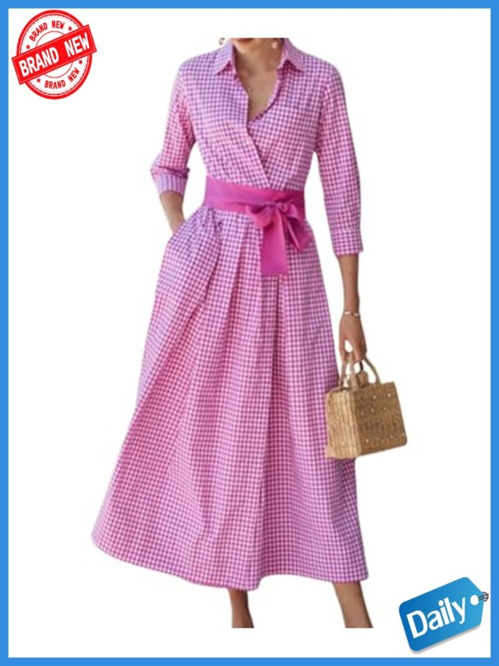 Retro Plaid Button Up Maxi Shirt Dress with Belt, 3/4 Sleeve, Cotton